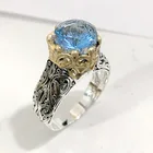 Винтажное двухцветное кольцо с резным цветком, круглое обручальное кольцо для мужчин и женщин, ювелирные изделия, подарки для влюбленных, Кристалл Голубой циркон
