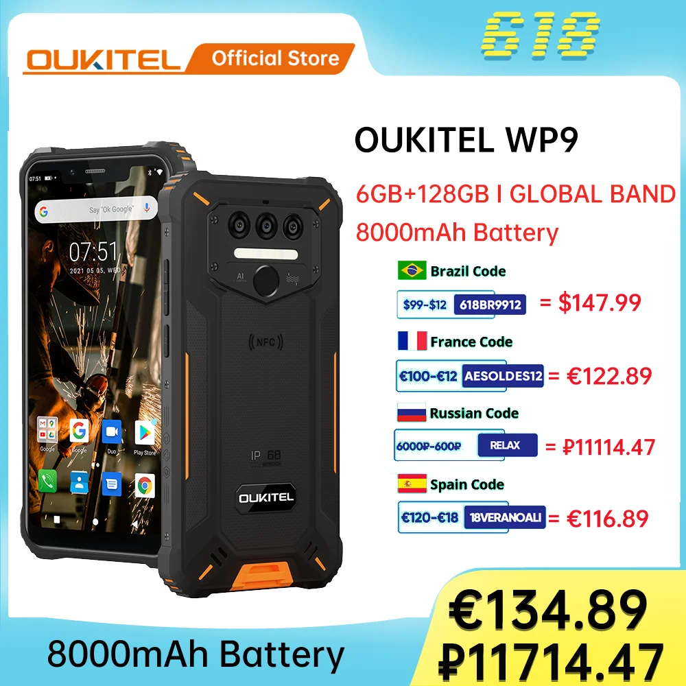 Oukitel WP9 Rugged 4G LTE Smartphone NFC 6G+128G 5.86" HD+ 8000mAh Android10 Mobile Phone 16M/8M Camera Octa Core Smart Phone|Смартфоны|