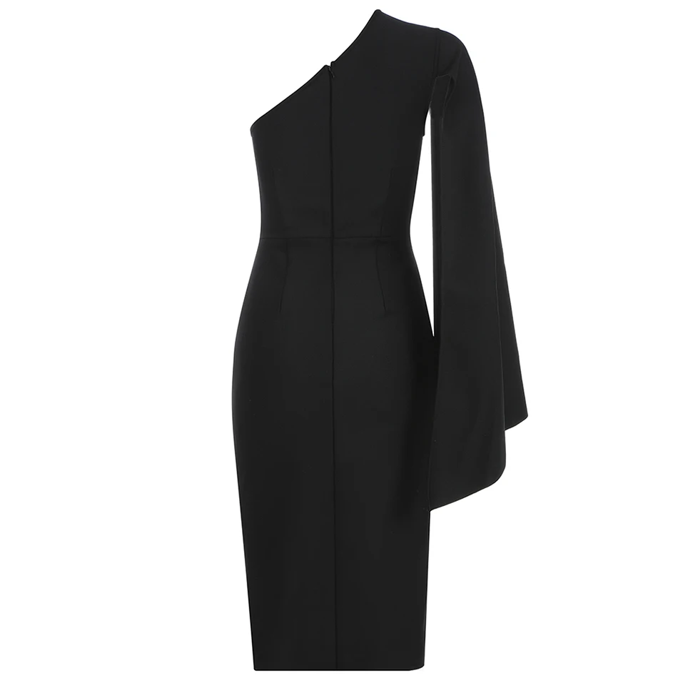 

2020 Summer New Women'S Fashion Sexy Black One Shoulder Split Midi Dress Bandage Dress Bodycon Club Party Dress Vestidos