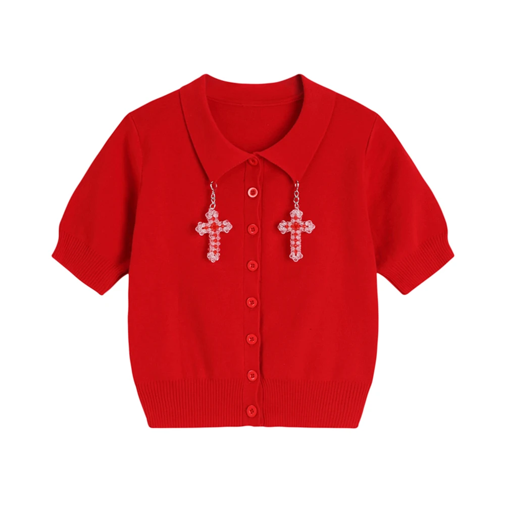 

Korean Fashion Women's Sweater Chic Beads Pendant Short Sleeve Red Knitwear T-shirt Women's Tops Casual Women Clothing SL085