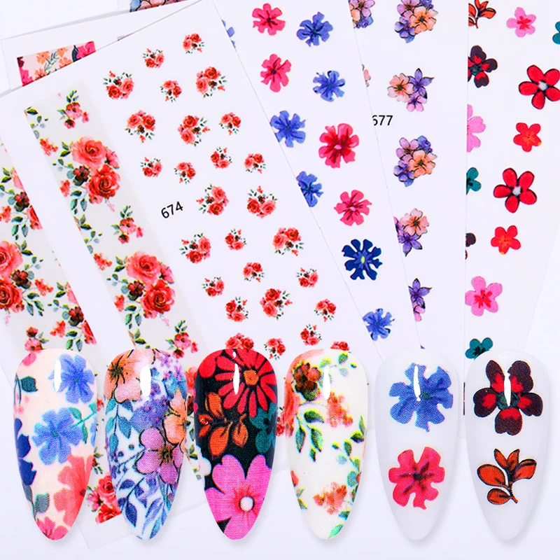 Наклейки для ногтей розовые желтые цветные смешанные цветочные узоры переводные