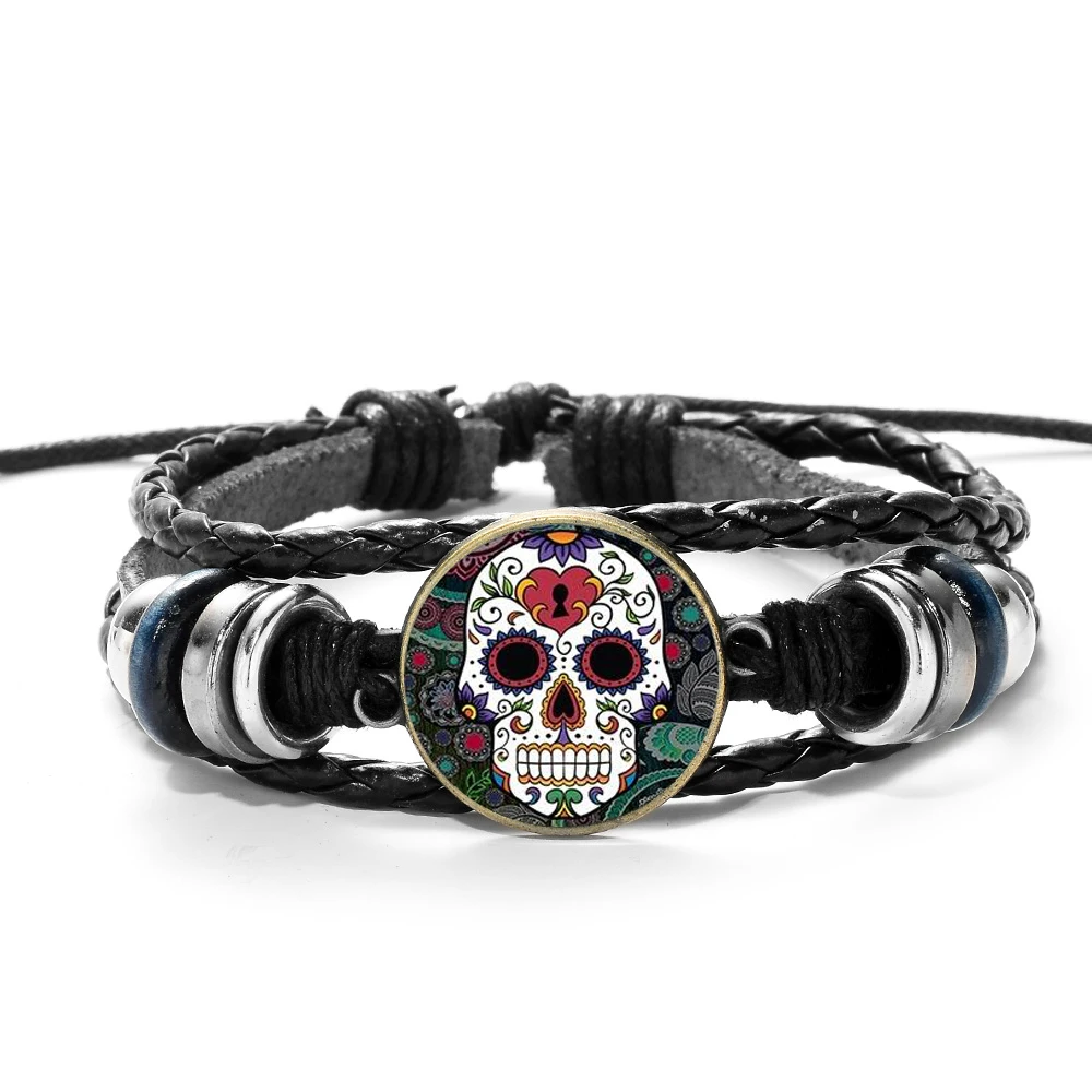 

Vintage Hippie Skeleton PU Leather Bracelet Mexican Sugar Skull Folk Art Pattern Glass Cabochon Adjustable Rope Bracelet