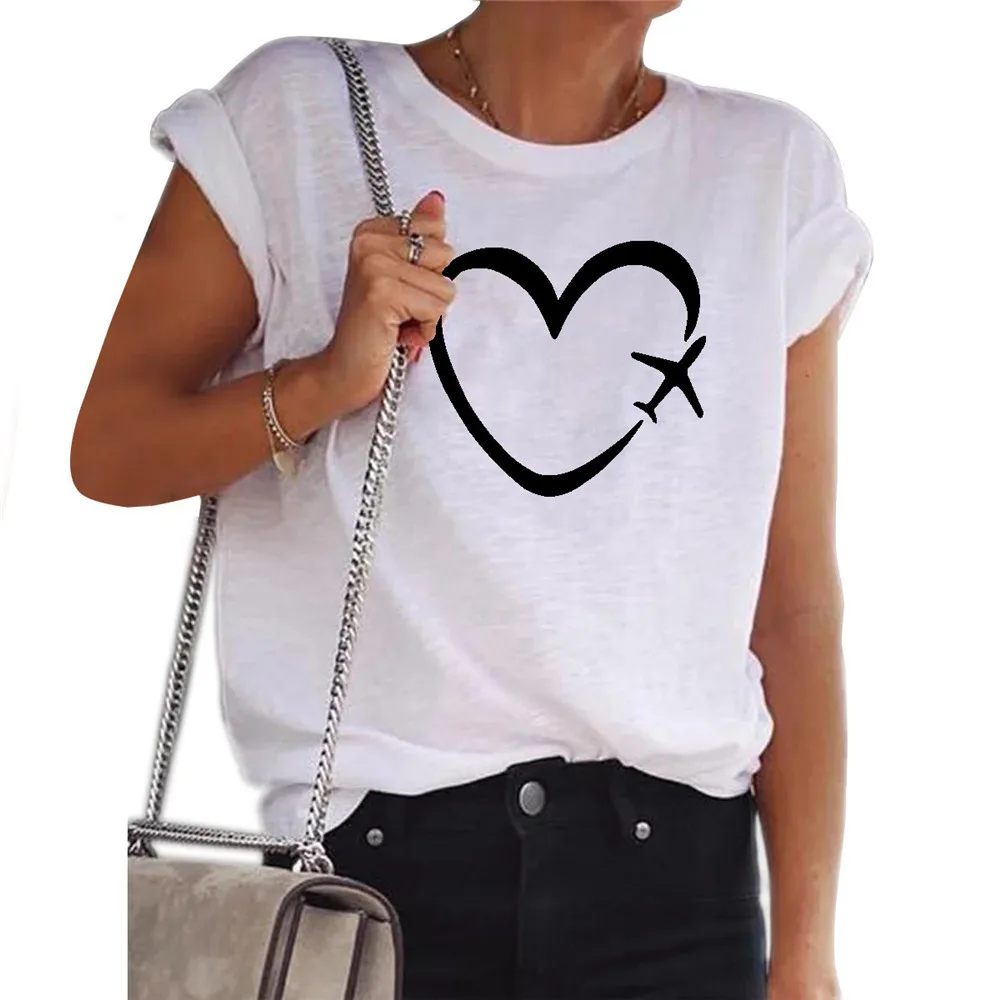 

Womens Fashion T-shirt Casual Short Sleeve Shirt Crew Neck T Shirt Summer Heart Printed Loose Tunic Plus Size Tops