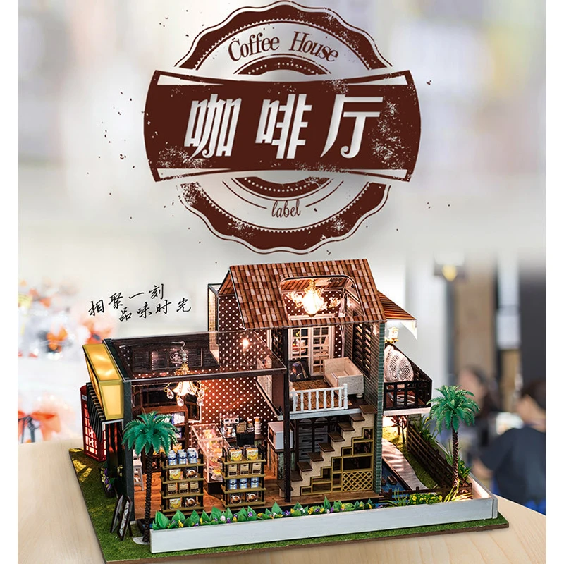 

Handmade DIY Doll Puppet House Wooden Furniture House Mini Fittings Modern Coffee House Children's Birthday Toy Gifts