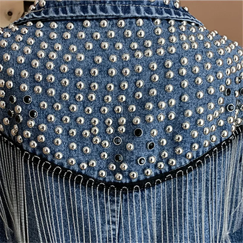 

High Quality Spring Denim Jacket Women Clothes Fashion Punk Rivet Tassel Streetwear Plus Size Loose Denim Coat Women Tops
