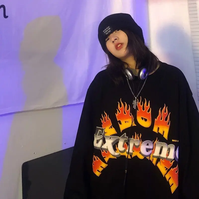 

Hip-hop Flame Letter Printing Long-sleeved T-shirt European-American Streetwear Loose Oversized Shirts Women Bottoming Tops Y2k