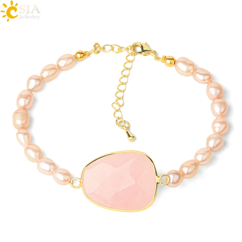 Регулируемый браслет CSJA ограненный розовый кварцевый с пресноводным жемчугом
