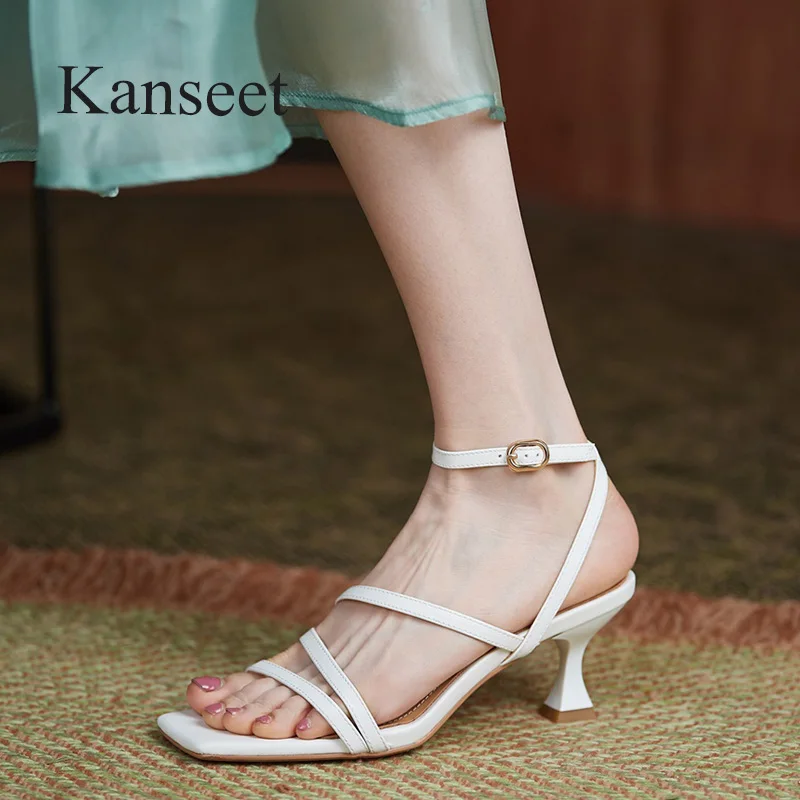 

Kanseet Buckle Strap Concise Square Toe Genuine Leather Sandals Women Sandals Daily 2021 New Summer 6cm High Heels Shoes Size 40