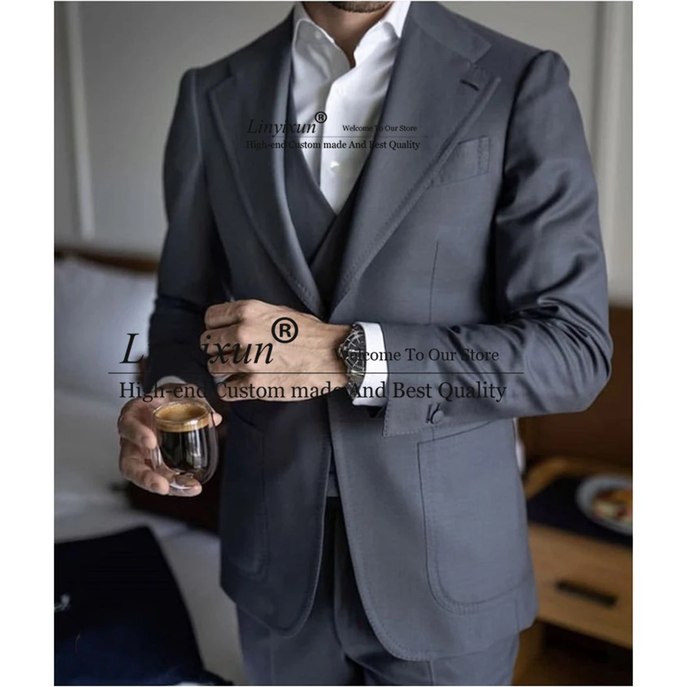 

Модные серые мужские костюмы, приталенный деловой Блейзер, свадебный смокинг для жениха, банкетный комплект из 3 предметов, мужской блейзер
