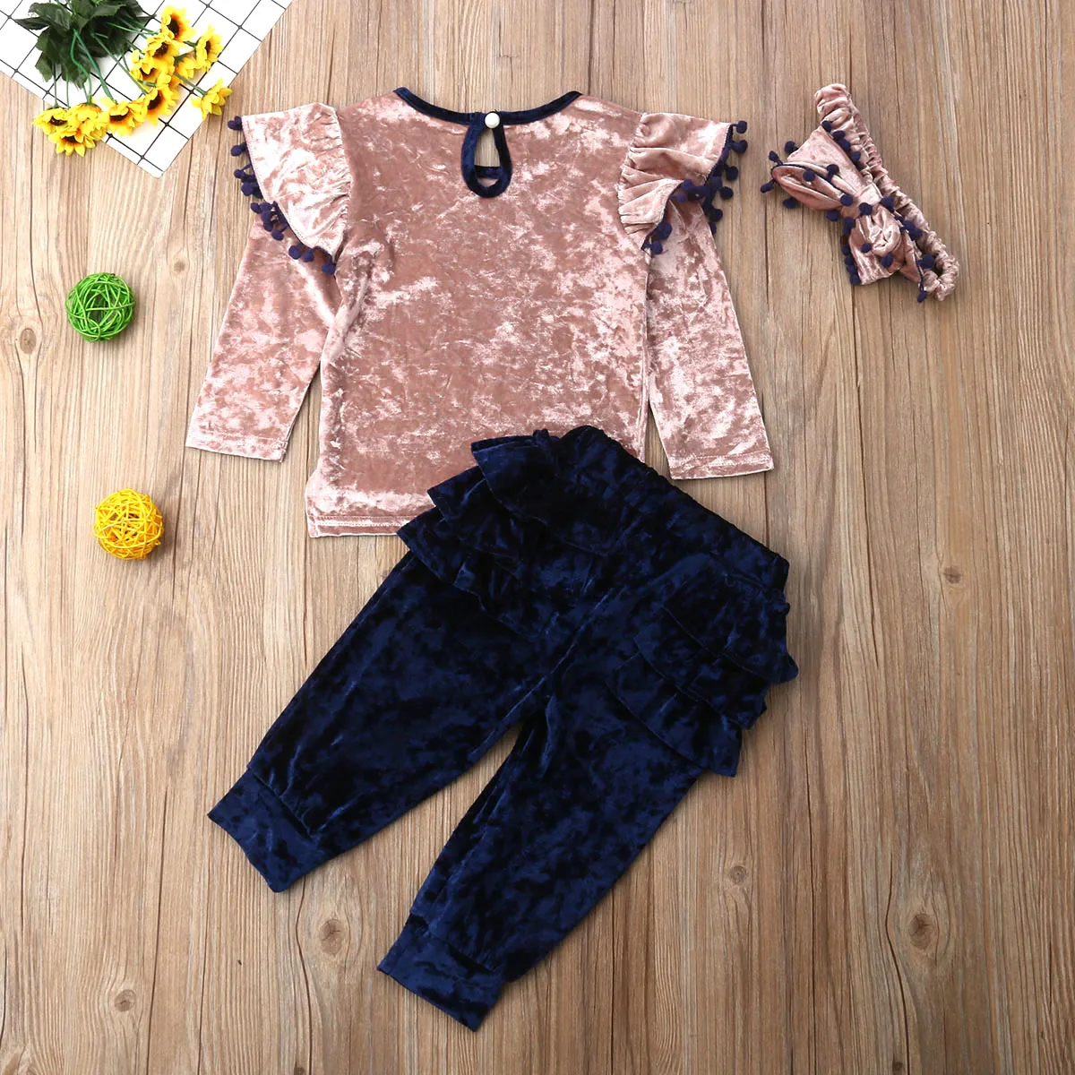 

Toddler Kid Girls Autumn Clothes Velvet Ruffle Bow Long Pants Outfit Set 3PCS US