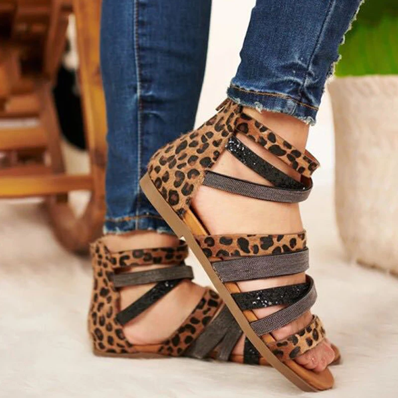 Women Leopard Flat Sandals Woman Zip Shoes Female Fashion Sexy Cross Band Snake Pattern Flats Ladies 2020 Footwear Plus Size 43 | Обувь