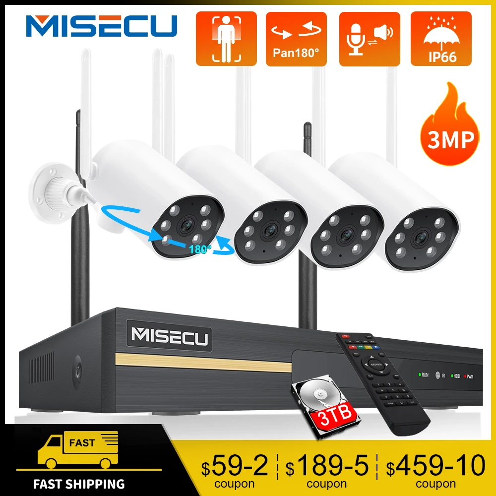 

MISECU 3MP Wireless Camera System CCTV Video Security Surveillance Kit Two-way Audio PT Camera Auto Tracking Human Detection P2P