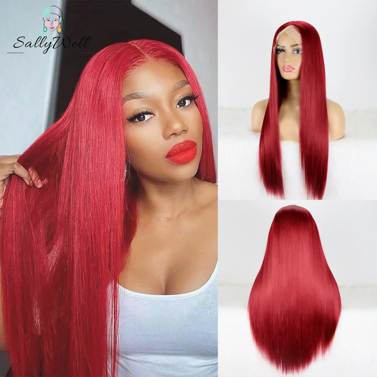 Synthetic Red Wigs For Women Heat Resistant Synthetic Lace Front Wigs Fashion Long Straight for Party Cosplay 18-24 Inch