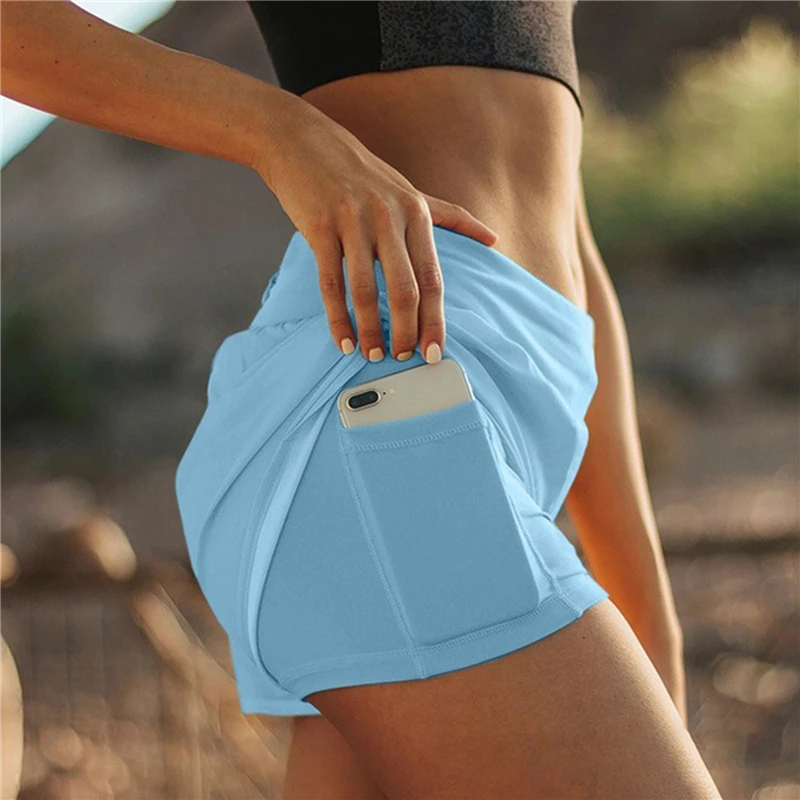 

Women Fitness Sports Shorts New Summer Beach Athletic Fake Two Shorts Casual Skinny Solid Color Shorts For Female