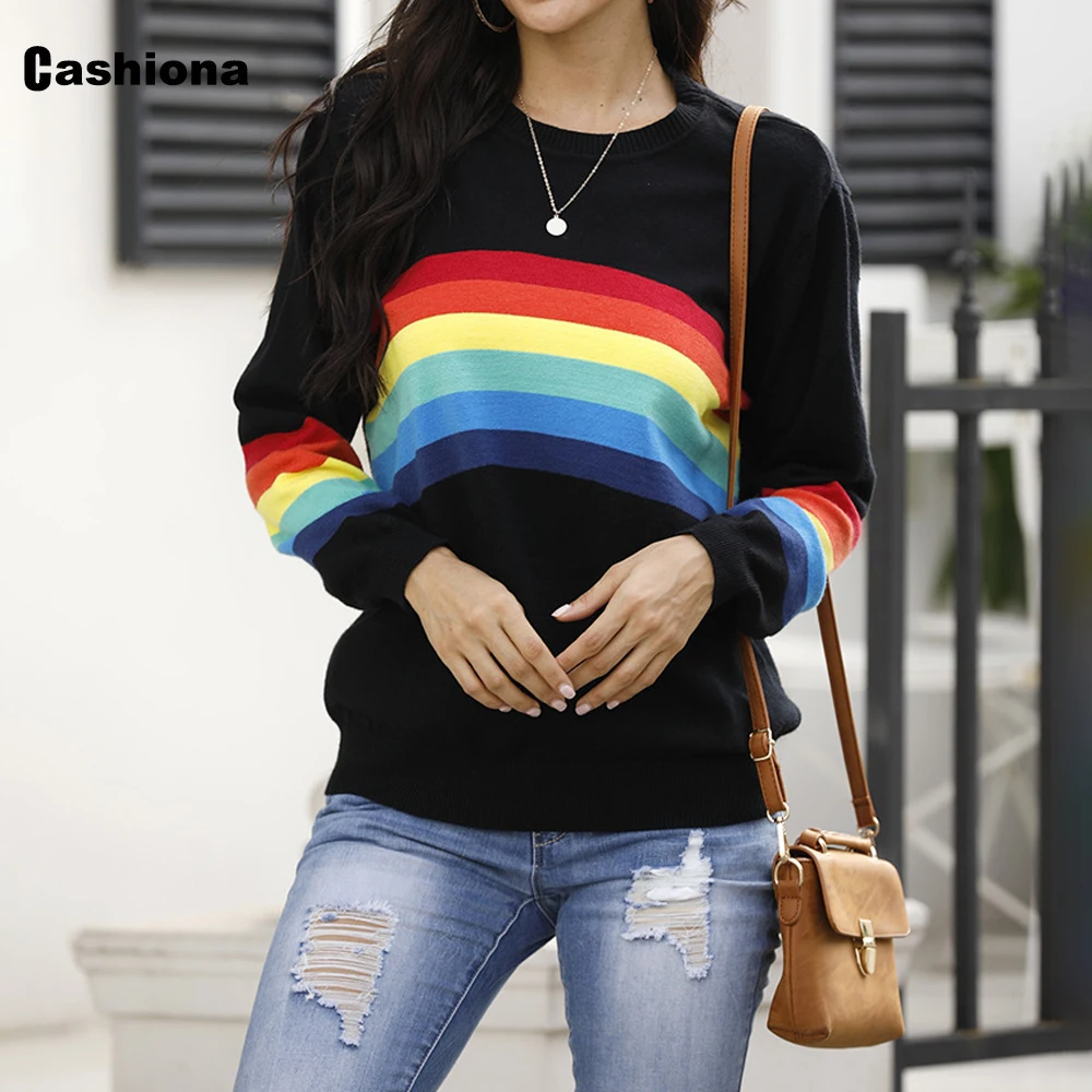 

2020 Модные топы, женские осенние повседневные облегающие свитера, вязаный свитер с длинным рукавом и радужным принтом, пуловеры, зимняя тепл...