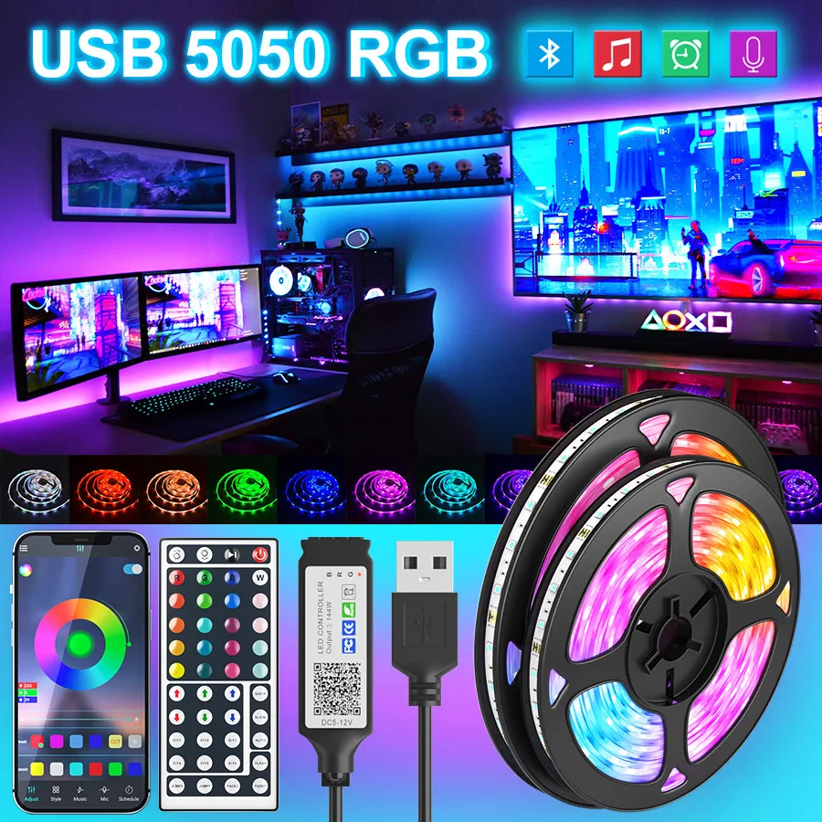 

Bluetooth 5V USB Led Strips Lights 1M-30M 5050 RGB Flexible Ribbon Diode Tape Desktop Screen For TV BackLight Decoration Bedroom