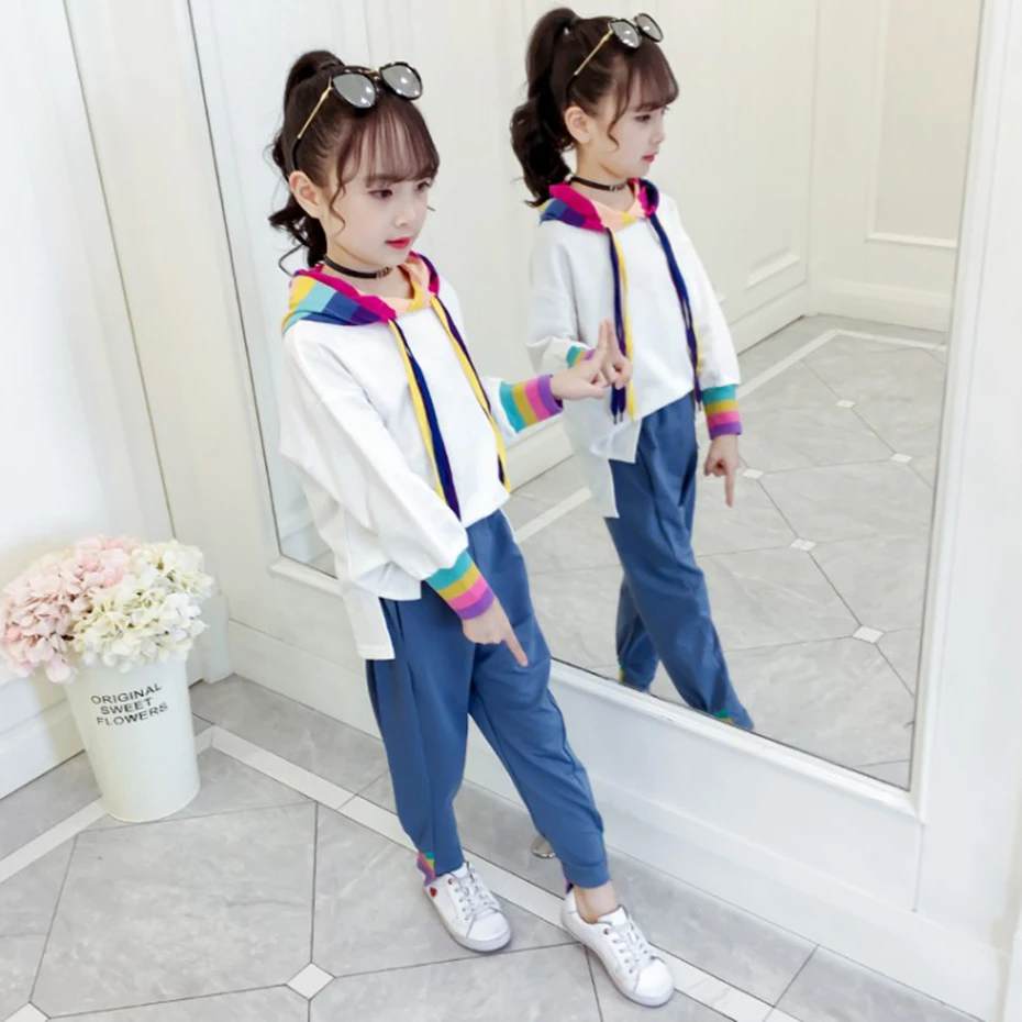 Одежда для девочек Лоскутные толстовки и брюки костюм в радужную полоску