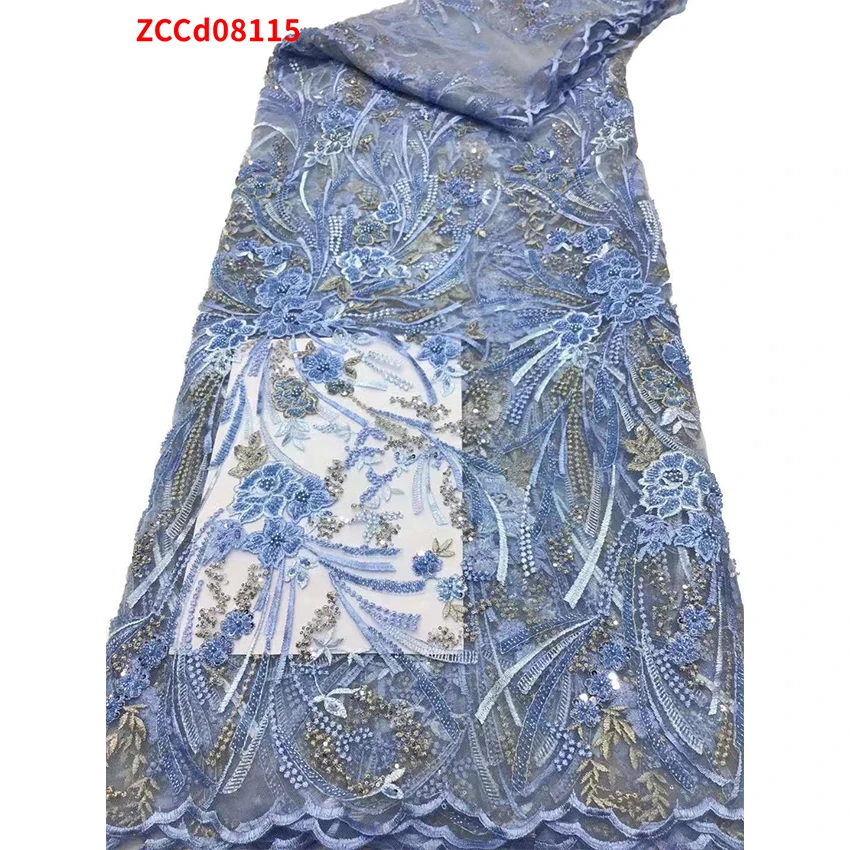 

African French Fine Lace Sewing Textiles Clothes ​Ankara Beads ​Tulle Net Sequins Womam Party Dress 5 Yards/Lot ZCCD08115