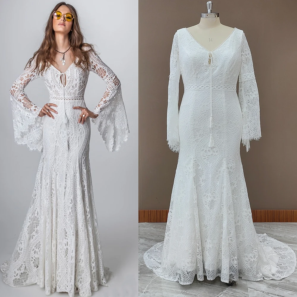 Hippie Beach Boho Wedding Dress V Neck Long Bell Sleeve 2021 Backless Cut Out Lace Destination Elopement Bridal Gown Cheap 803