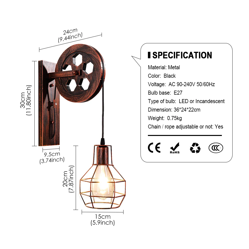 

Vintage Industrial Style Pulley Wall Lamp Retro Iron Wall Light For Corridor Living Room Home Decor Lighting, 220V, E27 Base