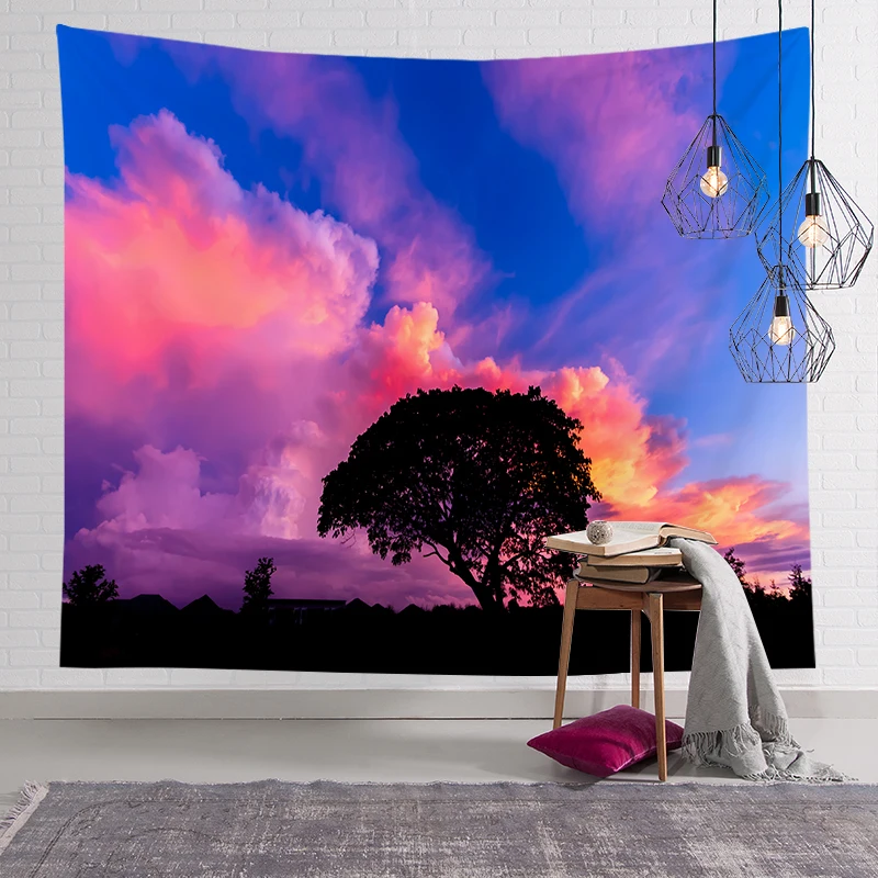 

Pink Clouds Wall Hanging Carpet Blue Sky Tree Tapestry Cloth Mat Home Decoration Village Scenery Net Red Background Blanket