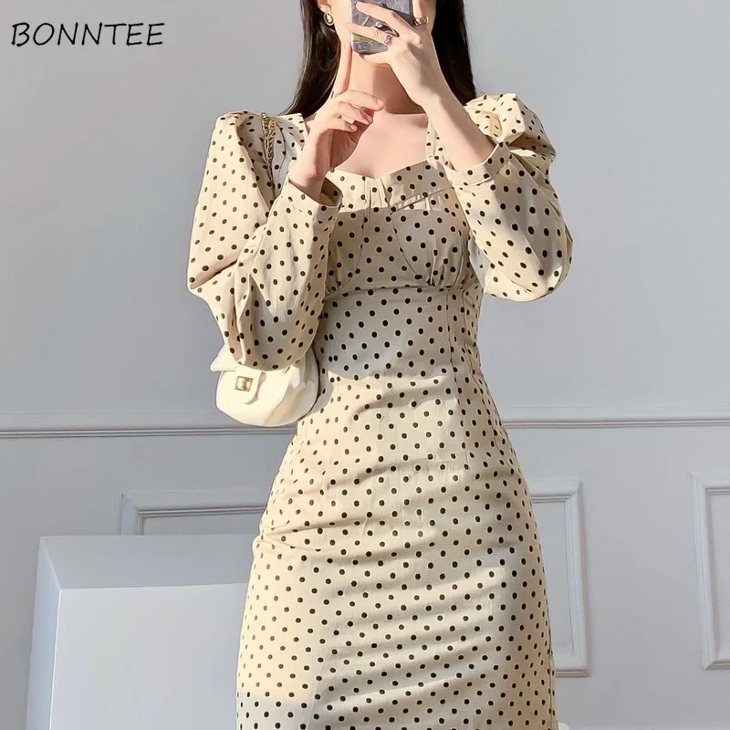 

Long Sleeve Dress Women Polka Dot Vintage Mini All-match French Style Elegant Square Collar A-line Stylish Autumn Cozy Holiday