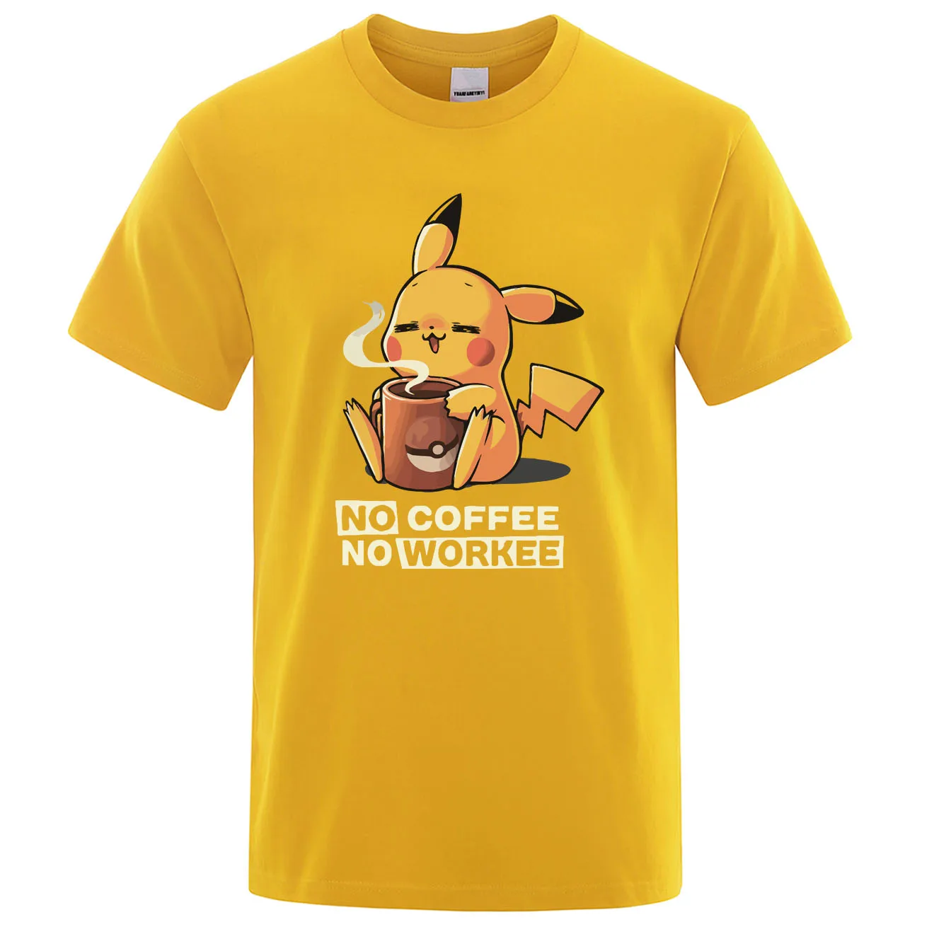 Футболки NO COFFEE NO WORKEE, Пикачу, футболка Pokemon, повседневные мужские футболки с круглым вырезом, Забавные футболки, черные мужские топы, брендовая одежда