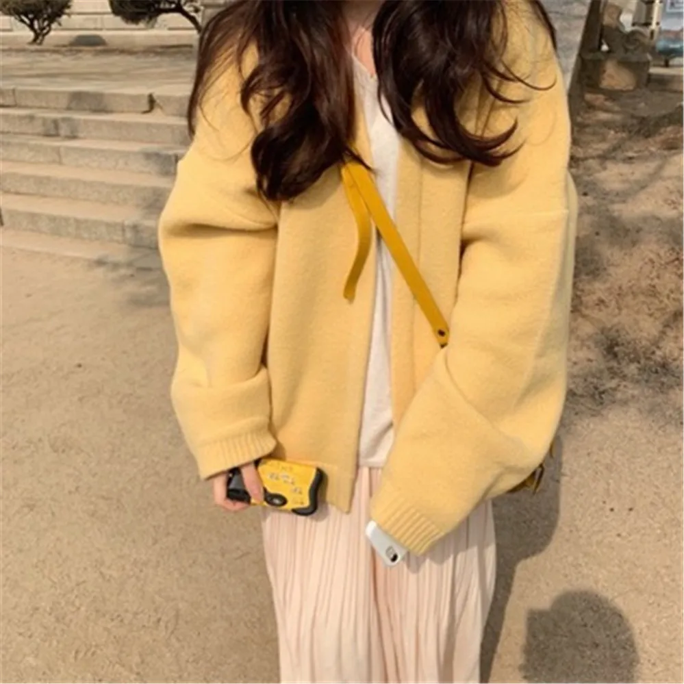 Кардиган женский желтый однотонный вязаный свитер простая популярная