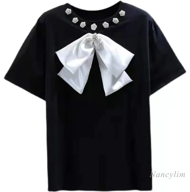 

Loose Long Tshirt for Women 2021 Summer New Bead Round Neck Mid-Length Three-Dimensional Bow Short Sleeve T-shirt Tops