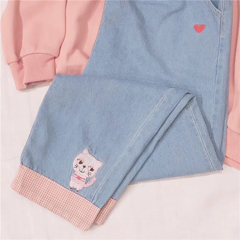 Осенние новые японские Harajuku kawaii Wild свободные джинсы с высокой талией и вышивкой кота женские маленькие свежие штаны для девочек в Корейском стиле