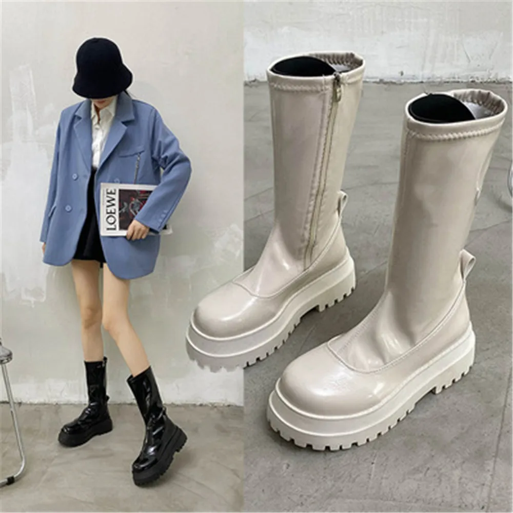 

Newest Thicken Sole Knight Boots Women Knee High Long Square Heel Shoes Fashion Leather Side Zip Motorcycle Sneakers Black Beige