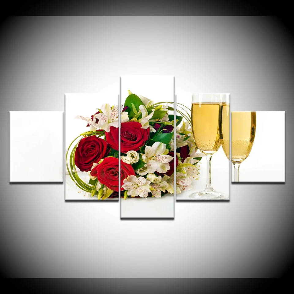 Картина на холсте свадебный букет и шампанское 5 шт. настенная живопись модульные