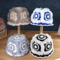 new panama 2021 women fashion real rabbit fur hats pure cotton winter hat foldable hollow crochet knitting bucket hat