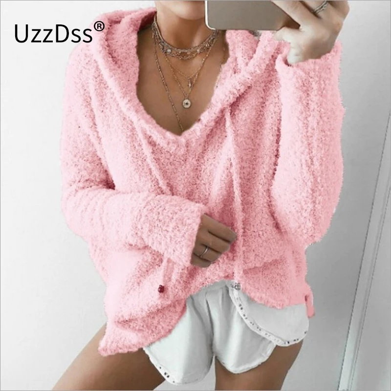 Осенний Топ для женщин 2020 повседневный мохер с капюшоном пуловеры v-образным