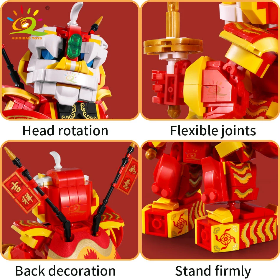 

HUIQIBAO Chinese Traditional Lion Dance Mecha Building Blocks Classic City Folk Custom Series Bricks Set Toys for Children kids