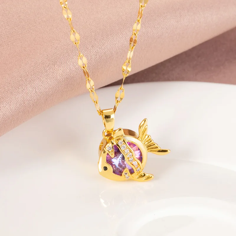 Design Sense Colorful Zircon Crystal Gold Color Fish Pendant Stainless Steel Women Necklace Korean Ladies Clavicle Chain Jewelry