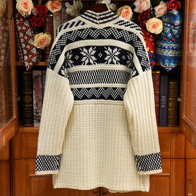 Brand Designer Vintage 2019 New Snowflake Striped Knitted Flower Long Cardigan Sweater Women Coat V-neck Sleeve Clothing |