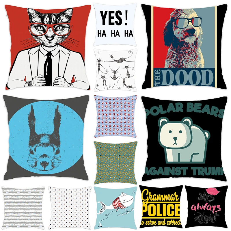 

[Douladou]Funny Cat Cushion Covers Pillow Case Cute Throw Pillow Case Polyester Decorative Pillowcase Almohada 45x45CM