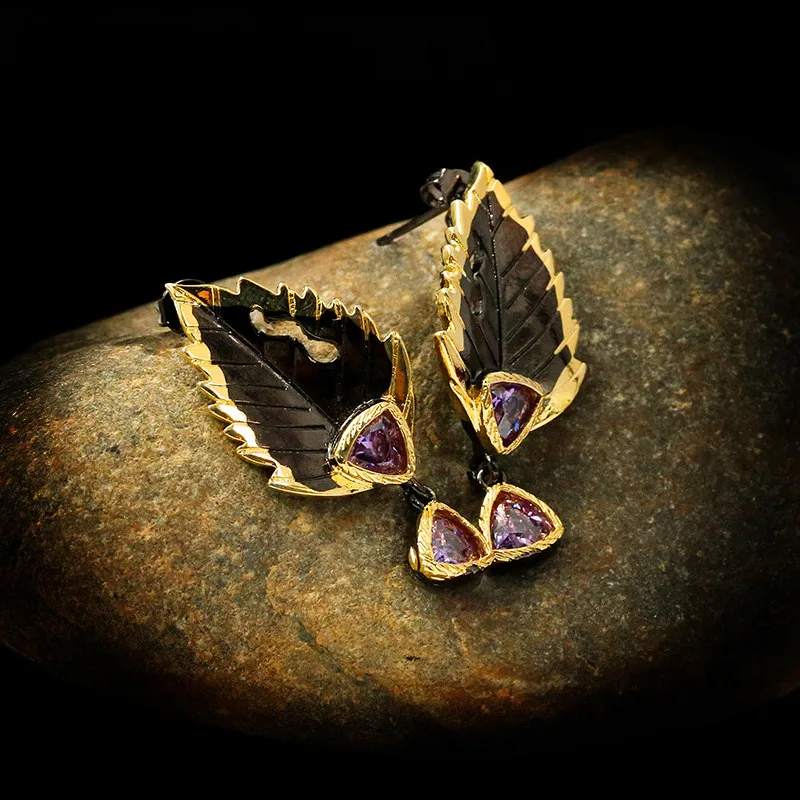 

Charm Female Purple Crystal Drop Earrings Vintage 14KT Black Gold Wedding Earrings For Women Trendy Bridal Leaf Dangle Earrings