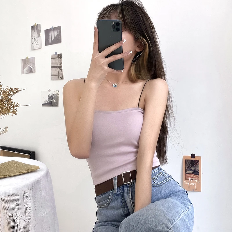 

Fashion Women Crop Top Camisole Female Outer Wear Chest Pad Tube Solid Tank Top Bottoming Beauty Back Cropped Built In Bar