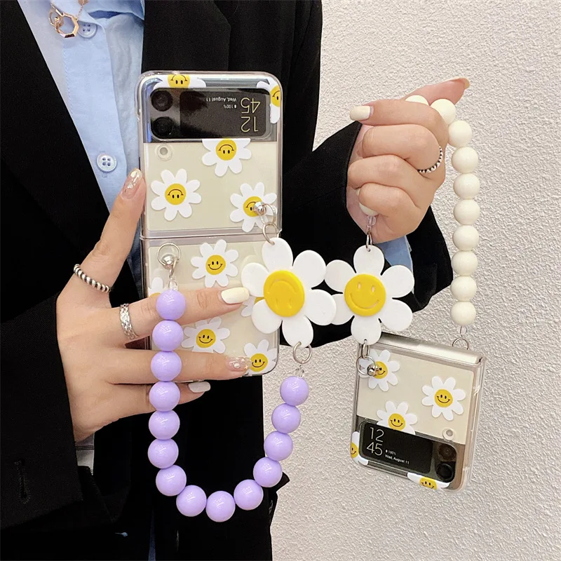

Cute Korean Flower Beads Bracelet Phone Case for Samsung Galaxy Z Flip 3 5G Hard PC Back Cover for ZFlip3 Case Protective Shell