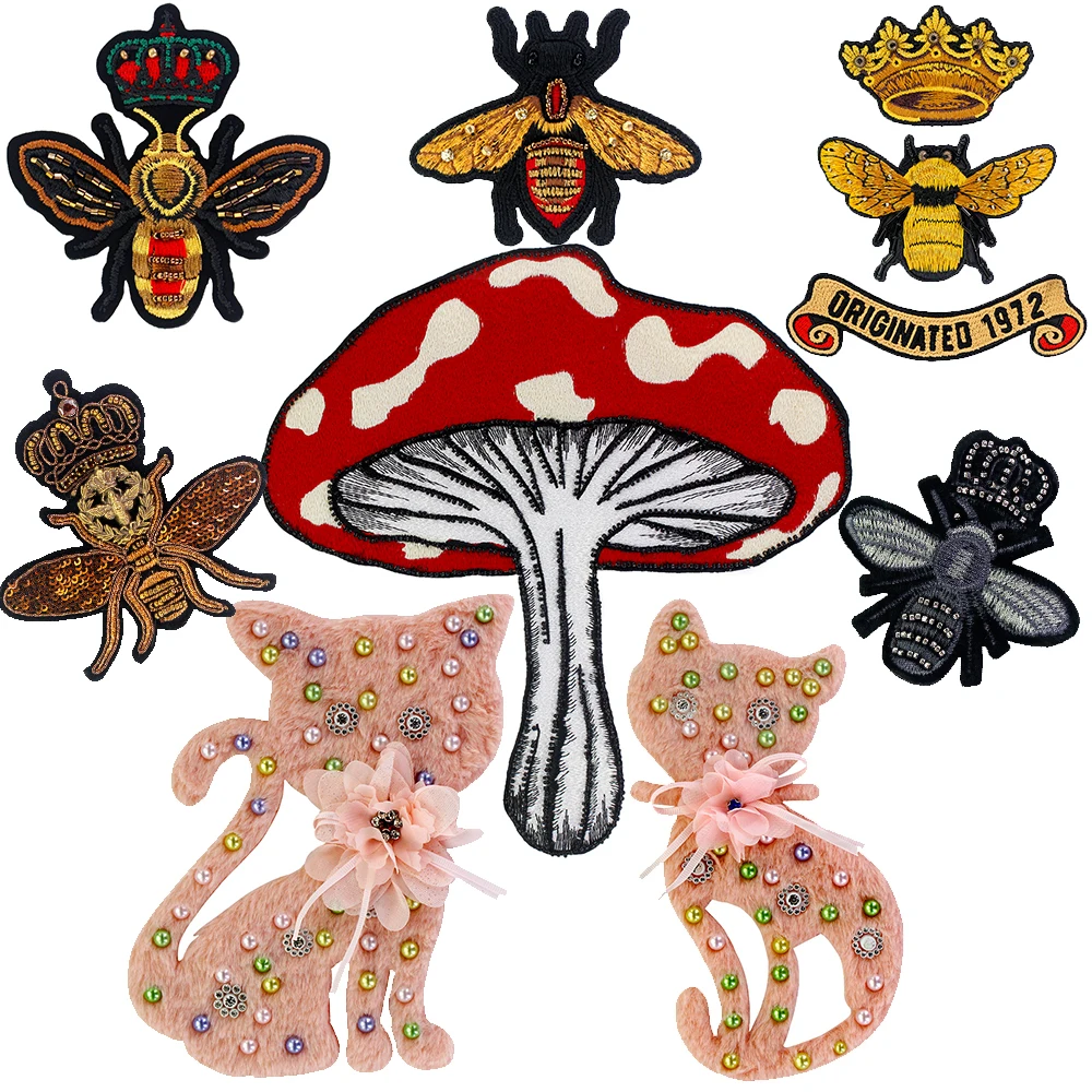 2pcs  Beaded Cute Fur Cat Mushroom Patches Crown Bee Decal Badge Sew on Embroidery Applique Patches for Arts Crafts DIY Decor