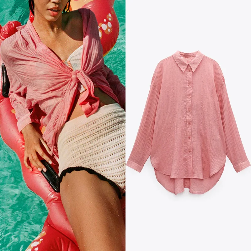 

Women Shirt Za 2021 Pink Button Up Shirt Woman Fashion Knot Ruched Long Sleeve Summer Blouse Asymmetric Hem Beach Shirts