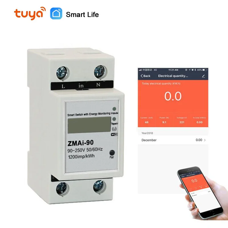 WiFi Smart Life app 5(60) однофазный переключатель на din-рейке с контролем энергии, энергопотребление для умного дома