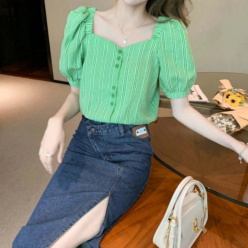 

Women Blouses 2021 New Solid Color Grid Single-breasted Shirt Puff Sleeve Chiffon Shirt Cardigan Square Collar Shirt Top Femme