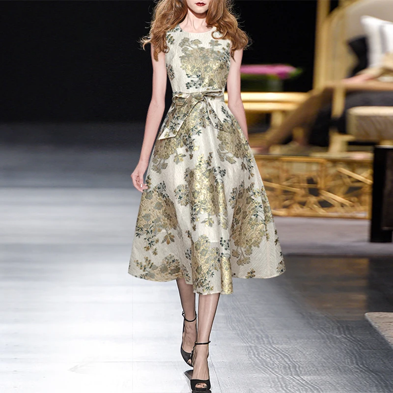 

2021 Vintage Dress Summer New Fashion Design Women Runway Jacquard Golden Flowers Printed Sleeveless Slim Dresses