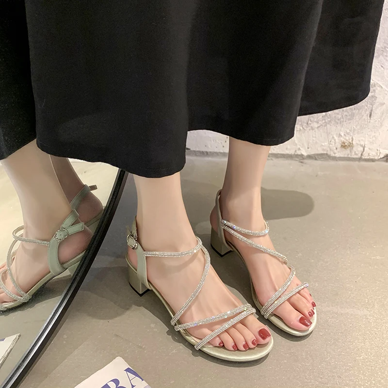 

Beige Heeled Sandals Med Comfort Shoes for Women 2021 Summer Buckle Strap Black Medium Rhinestone High Block Girls New Clear
