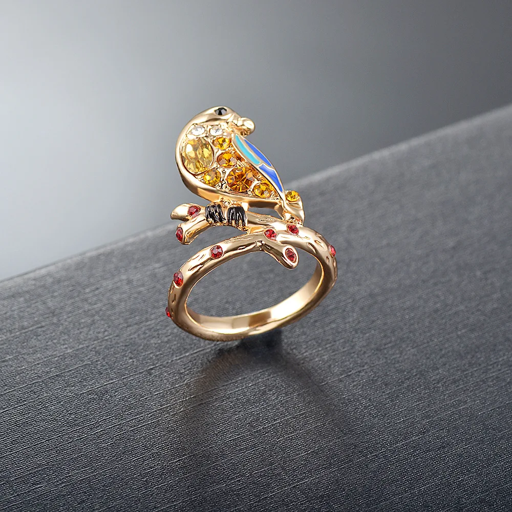 Fashion Women's Red Orange Gold Zircon Crystal Bird Flower Ring Hummingbirds Animal Wedding Engagement Boho Jewelry Gift | Украшения и
