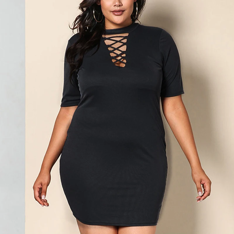 Plus Size Woman Black Mini Dress Sexy Party Clothes Night Club Vestido O-neck Hollow Out Clothing Big Bodycon Dresses | Женская одежда