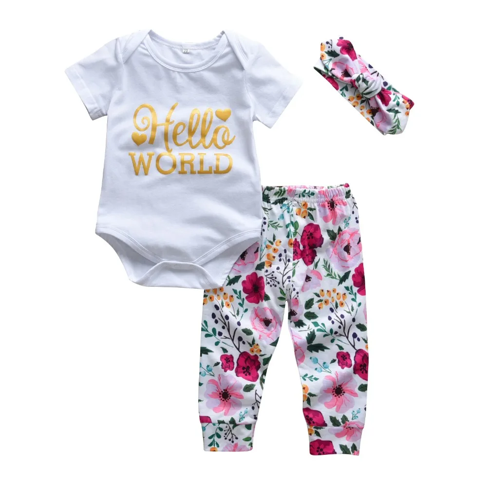 Комплект одежды для маленьких девочек 3 шт. Модный комбинезон Hello World с коротким